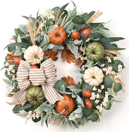 Lyacmy Fall Wreaths for Front Door, Autumn Pumpkins Maple Leaf Wreath with Pine Cones Wall Thanksgiving Fall Decorations