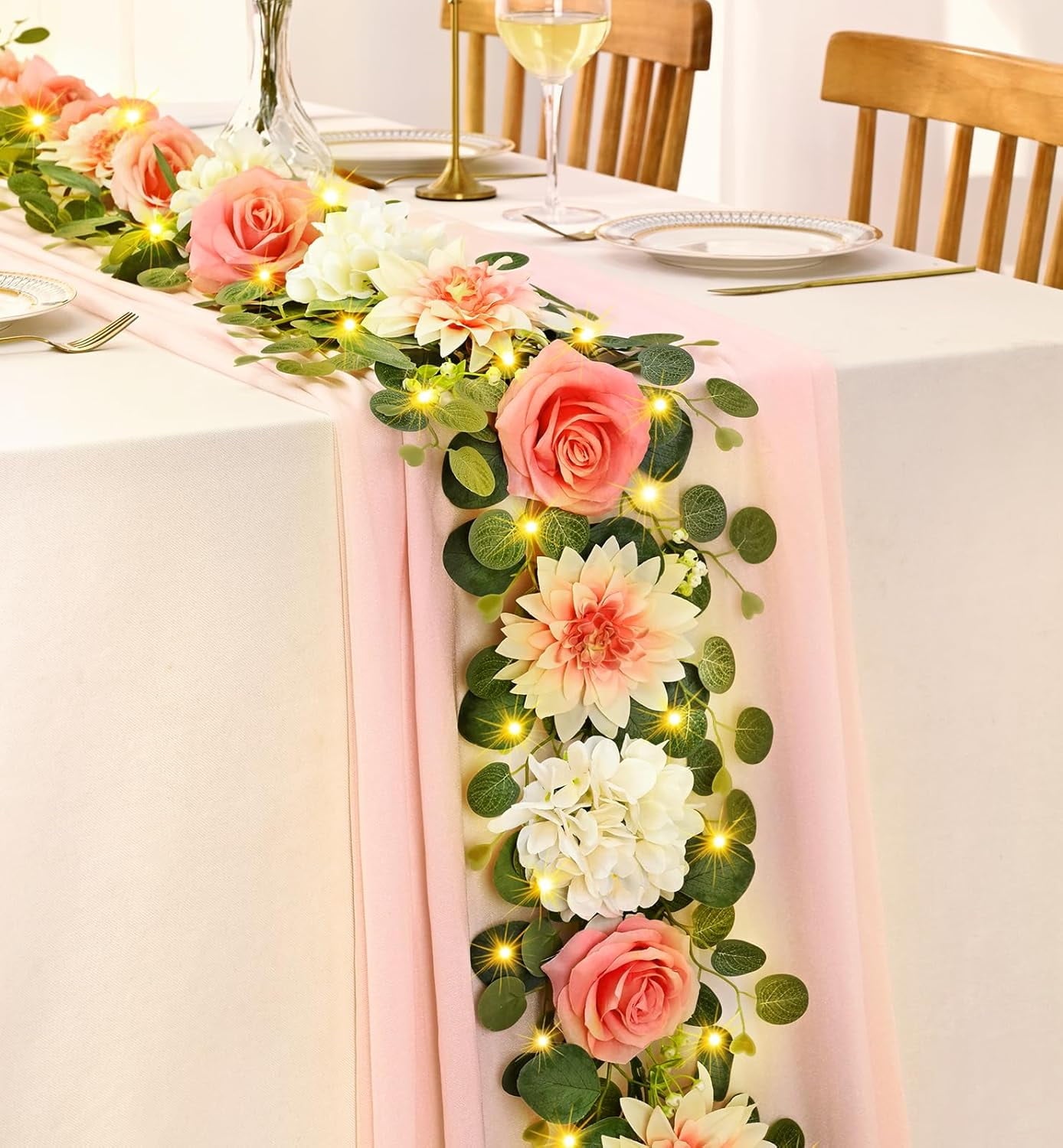 Lyacmy 6Ft Flower Garland with Light Decorations, Eucalyptus Greenery Garland with White Rose Flowers, Floral Garland Rose Vines for Tables Wedding Party Backdrop Mantle Decor