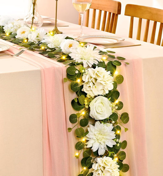 Lyacmy 6Ft Flower Garland with Light Decorations, Eucalyptus Greenery Garland with White Rose Flowers, Floral Garland Rose Vines for Tables Wedding Party Backdrop Mantle Decor