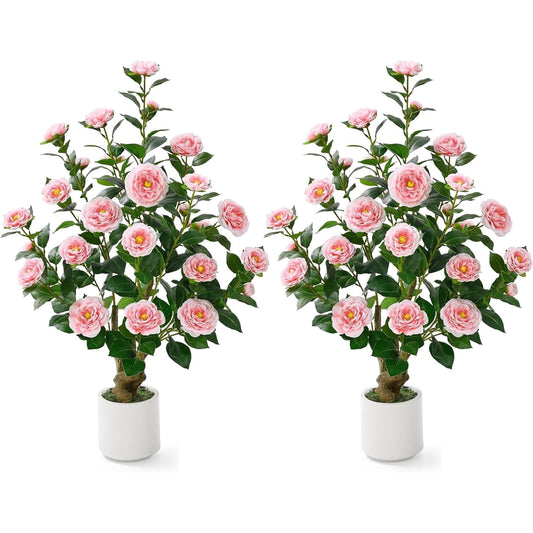 Lyacmy 2 Pack Camellia Artificial Tree in Pot, Artificial Plants Indoor Outdoor for Home Decor