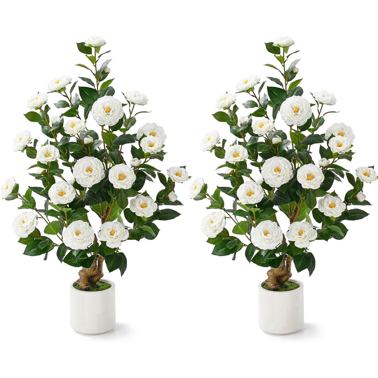 Lyacmy 2 Pack Camellia Artificial Tree in Pot, Artificial Plants Indoor Outdoor for Home Decor