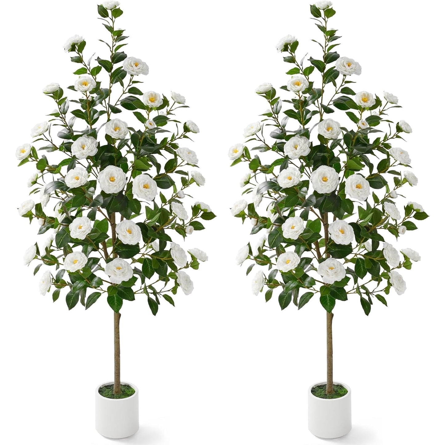 Lyacmy 2 Pack Camellia Artificial Tree in Pot, Artificial Plants Indoor Outdoor for Home Decor