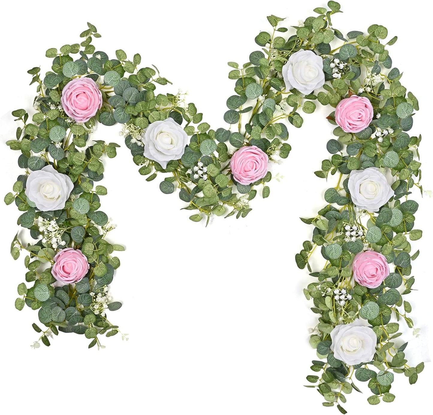 Lyacmy 6.07FT Artificial Eucalyptus Garland with Flowers, Pink Fake Rose Gypsophila Flower Garlands for Decoration, Greenery Garland Hanging Vines for Room Wedding Backdrop