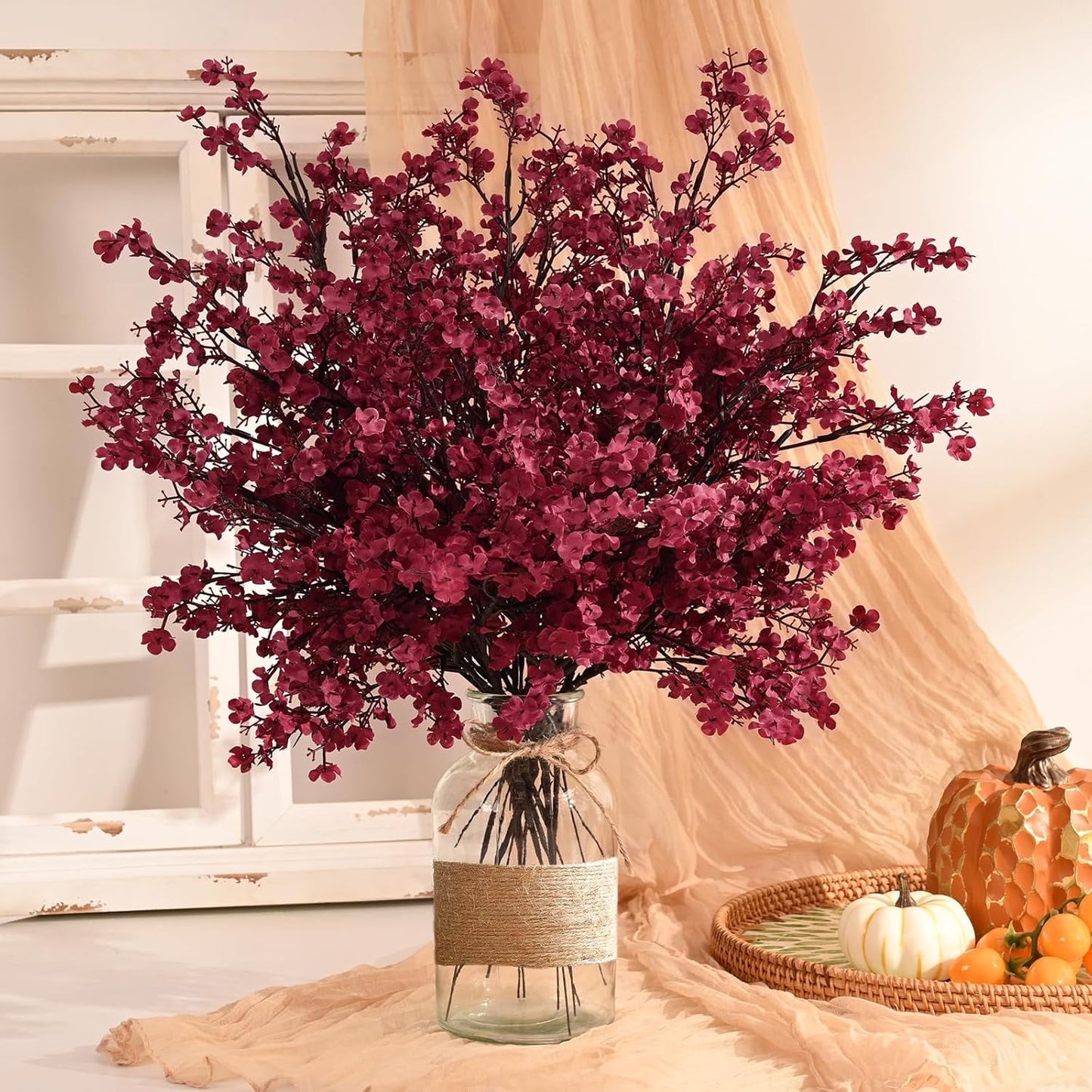 Lyacmy Artificial Fall Flowers Fake Flowers Babys Breath, Silk Flowers Burgundy Gypsophila Bouquets Fall Stems Floral Arrangement Fall Decor