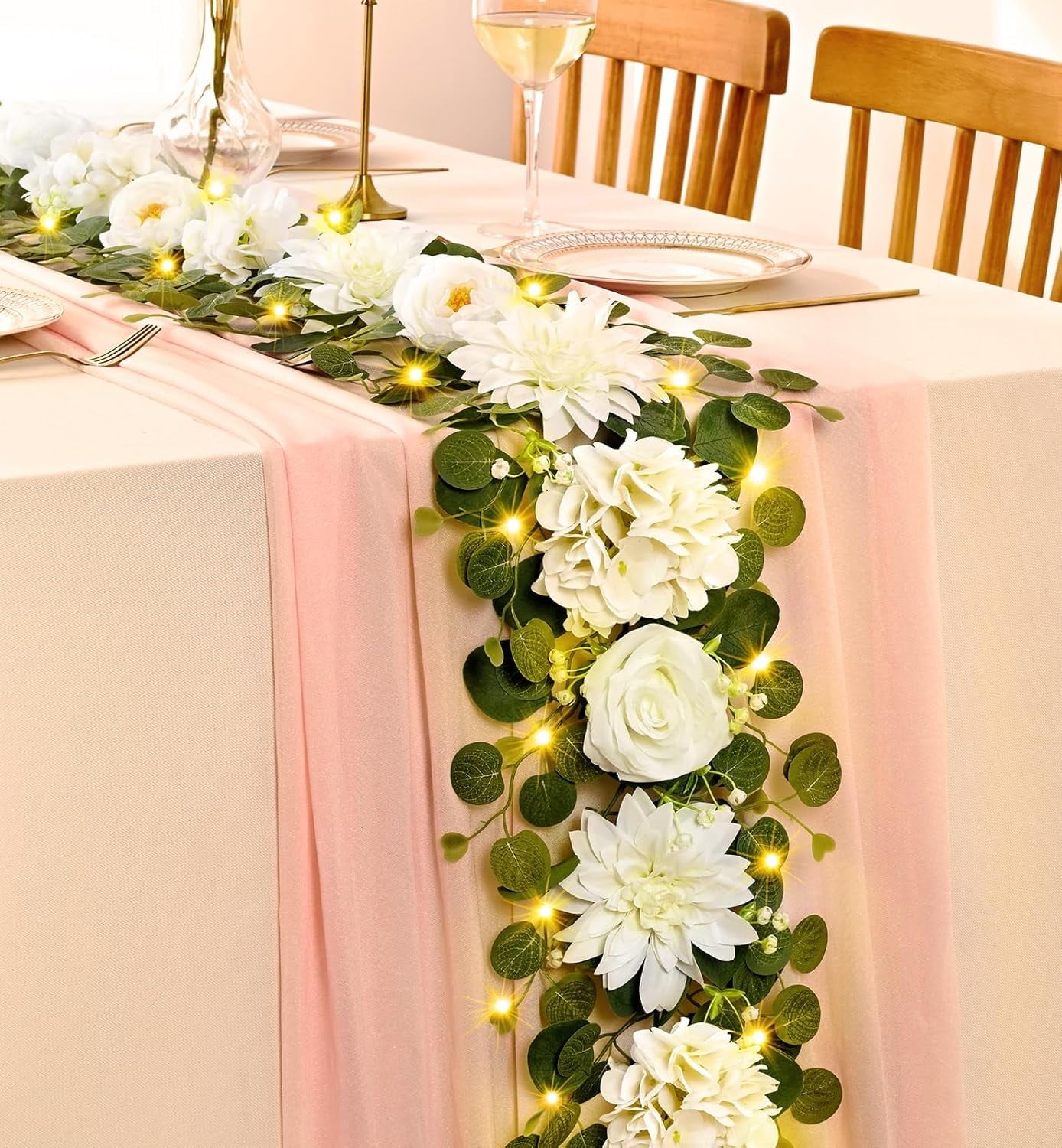 Lyacmy 6Ft Flower Garland with Light Decorations, Eucalyptus Greenery Garland with White Rose Flowers, Floral Garland Rose Vines for Tables Wedding Party Backdrop Mantle Decor