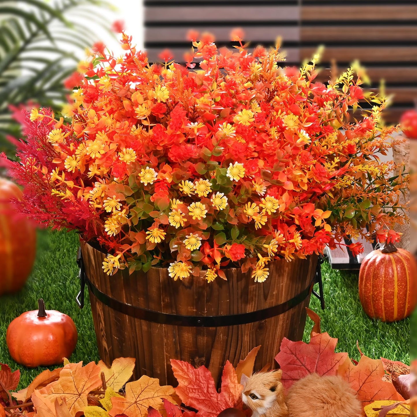 Lyacmy 9 Bundles Artificial Mums for Outdoors, UV Resistant Artificial Fall Flowers for Farmhouse Garden Home Thanksgiving Fall Decor