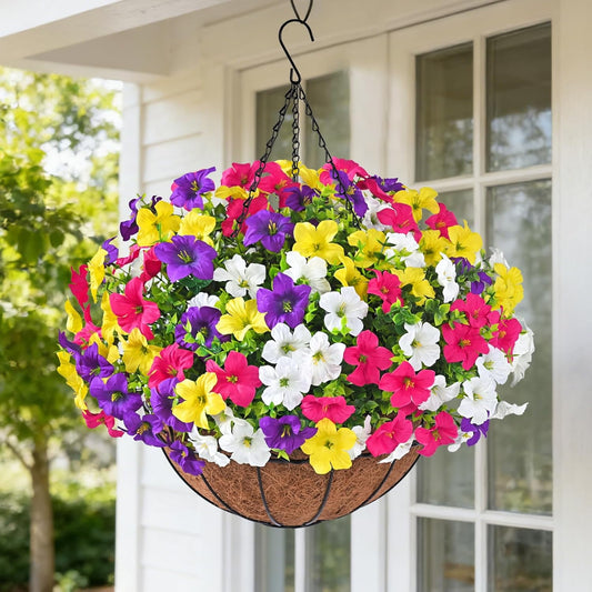 Lyacmy Artificial Hanging Flowers in Basket for Outdoor, UV Resistant Fake Petunias with Eucalyptus Leaves with 20Inch Coconut Lining Chain Flowerpot