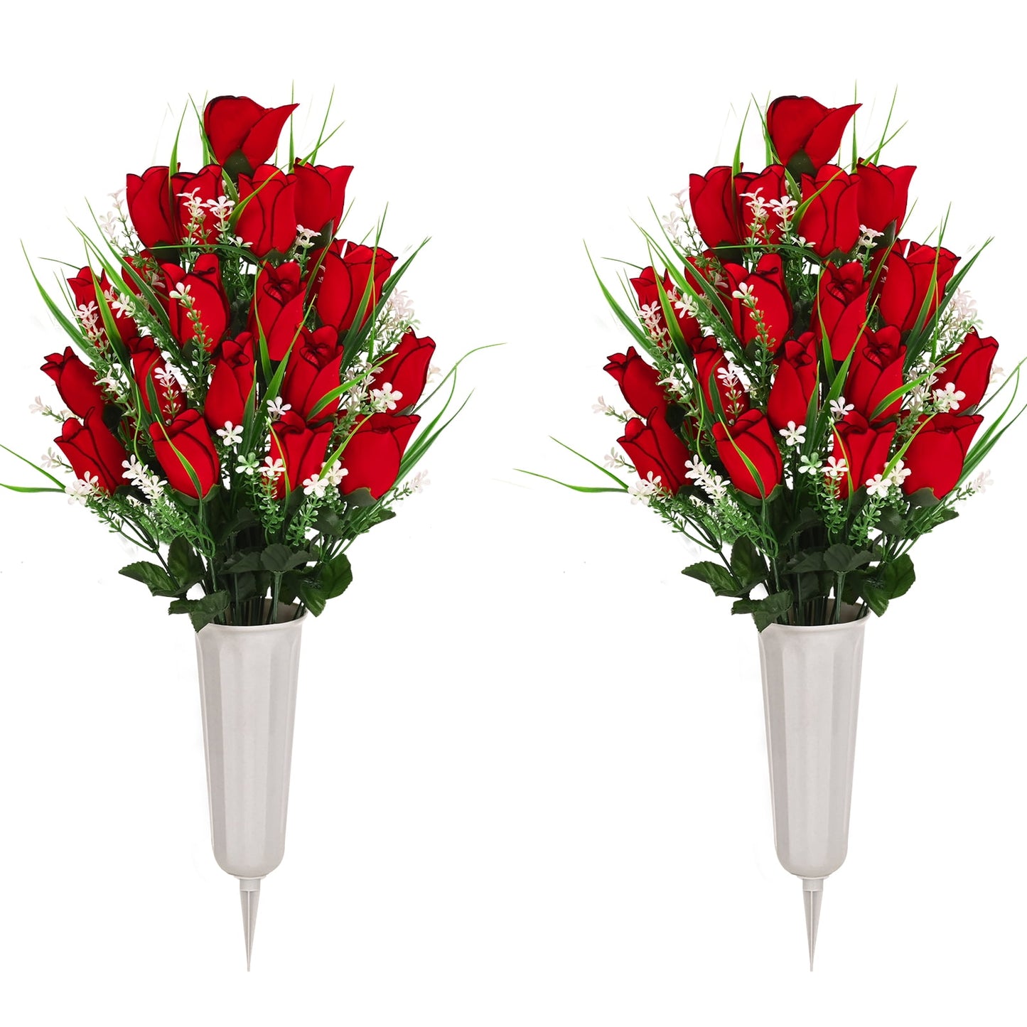 Lyacmy Artificial Cemetery Flowers with Vase ,Set of 2 Artificial Rose Bouquet Graveyard Memorial Flowers for Cemetery Headstones Decoration
