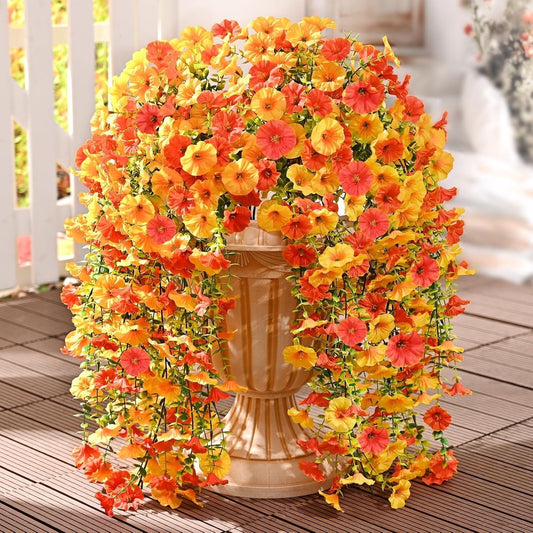 Lyacmy 4 Pcs Artificial Fall Hanging Flowers for Outdoor, Autumn Faux Mums UV Resistant Fake Flower Morning Glory for Outdoor Garden Fall Decor, Orange
