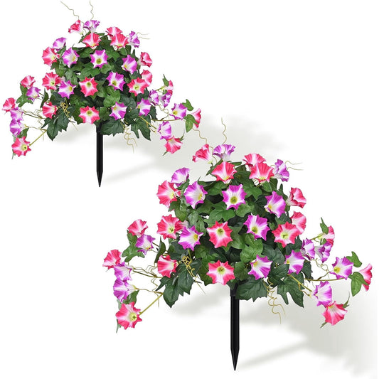 Lyacmy 2 Pack 19.7in Artificial Flowers Topiary Ball Trees for Outdoors, UV Resistant Lifelike Morning Glory Fake Bushes Plants with Ground Spike for Porch Garden Decor