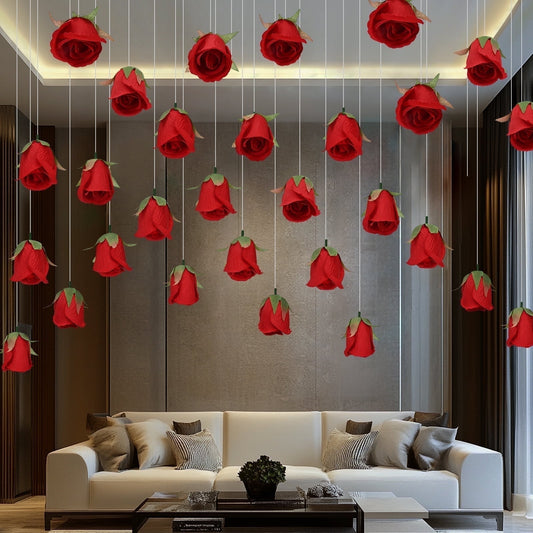 Lyacmy Valentine's Day Decor Artificial Rose Head Hanging Flower for Decorations Ceiling, Fake Pink Rose Flower with Fishing Line