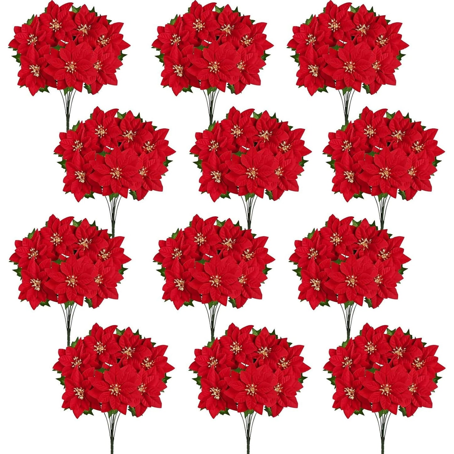 Lyacmy 17inch Artificial Velvet Red Poinsettia Christmas Bouquet, Faux Golden Stamen Poinsettia Floral Picks Christmas Flowers Decorations(4 Count)