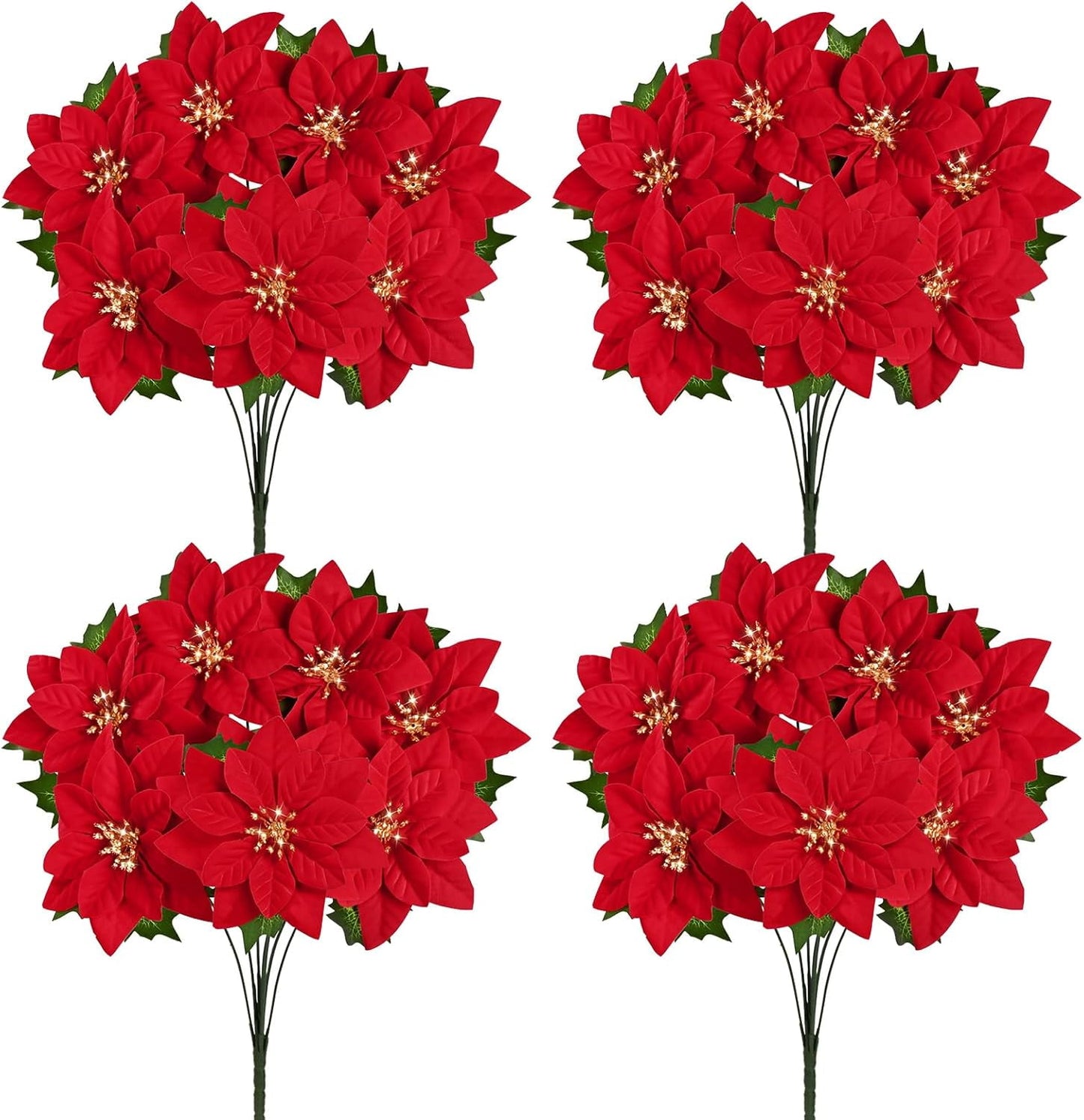 Lyacmy 17inch Artificial Velvet Red Poinsettia Christmas Bouquet, Faux Golden Stamen Poinsettia Floral Picks Christmas Flowers Decorations(4 Count)