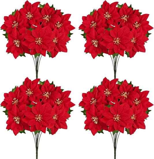 Lyacmy 17inch Artificial Velvet Red Poinsettia Christmas Bouquet, Faux Golden Stamen Poinsettia Floral Picks Christmas Flowers Decorations(4 Count)