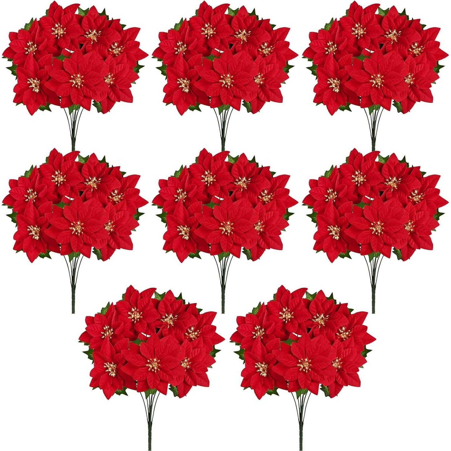 Lyacmy 17inch Artificial Velvet Red Poinsettia Christmas Bouquet, Faux Golden Stamen Poinsettia Floral Picks Christmas Flowers Decorations(4 Count)