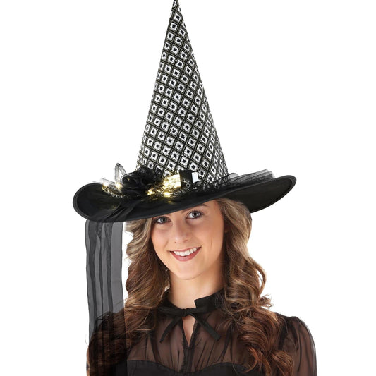 Lyacmy Halloween Witch Hats for Adult, LED Light Black Hat with Flower and Tulle Halloween Costumes Accessory for Party