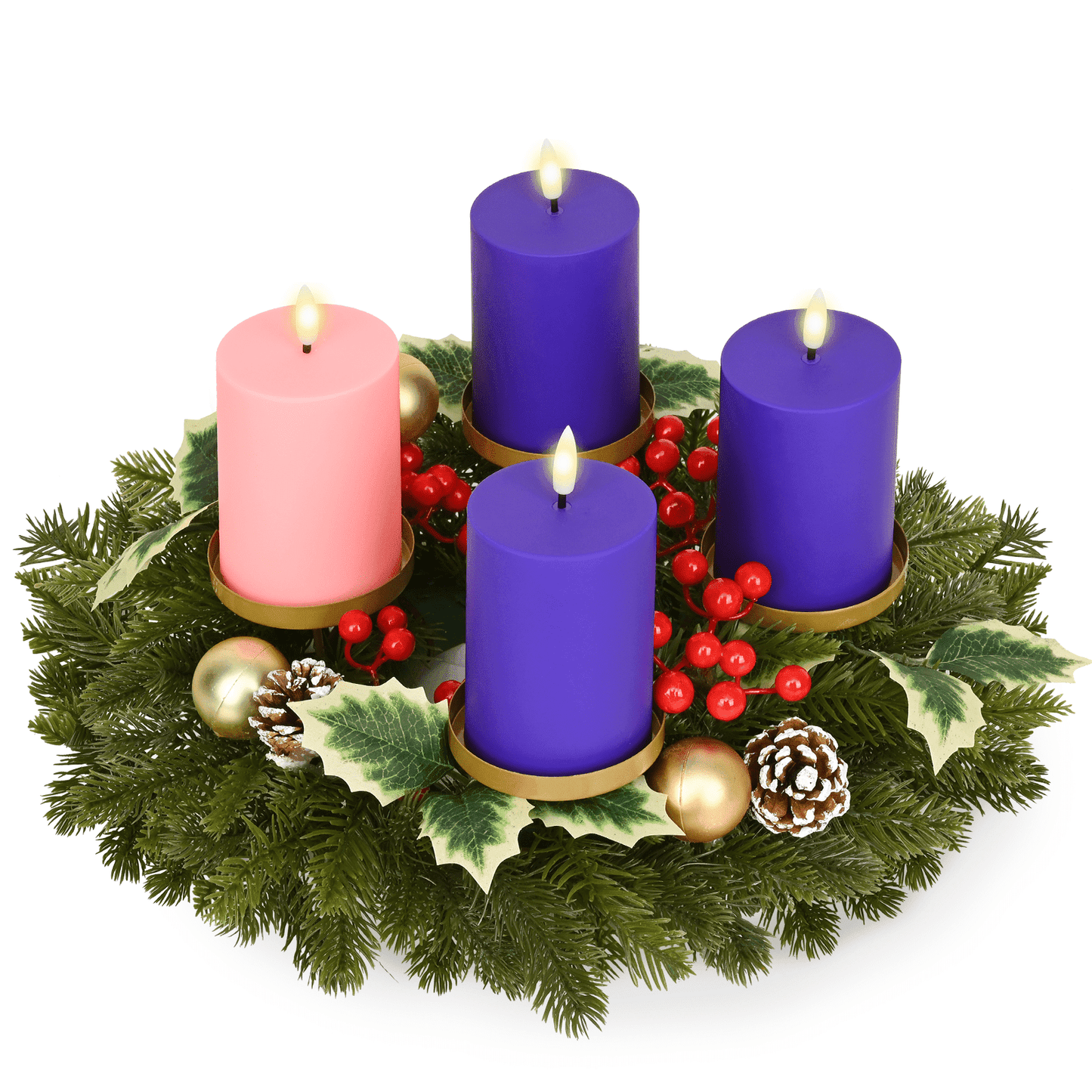 Lyacmy Christmas Advent Wreath with Candle Holder, Red Berry Candle X-mas Decorations Centerpiece Decoration for Nativity Rustic Indoor Home Church