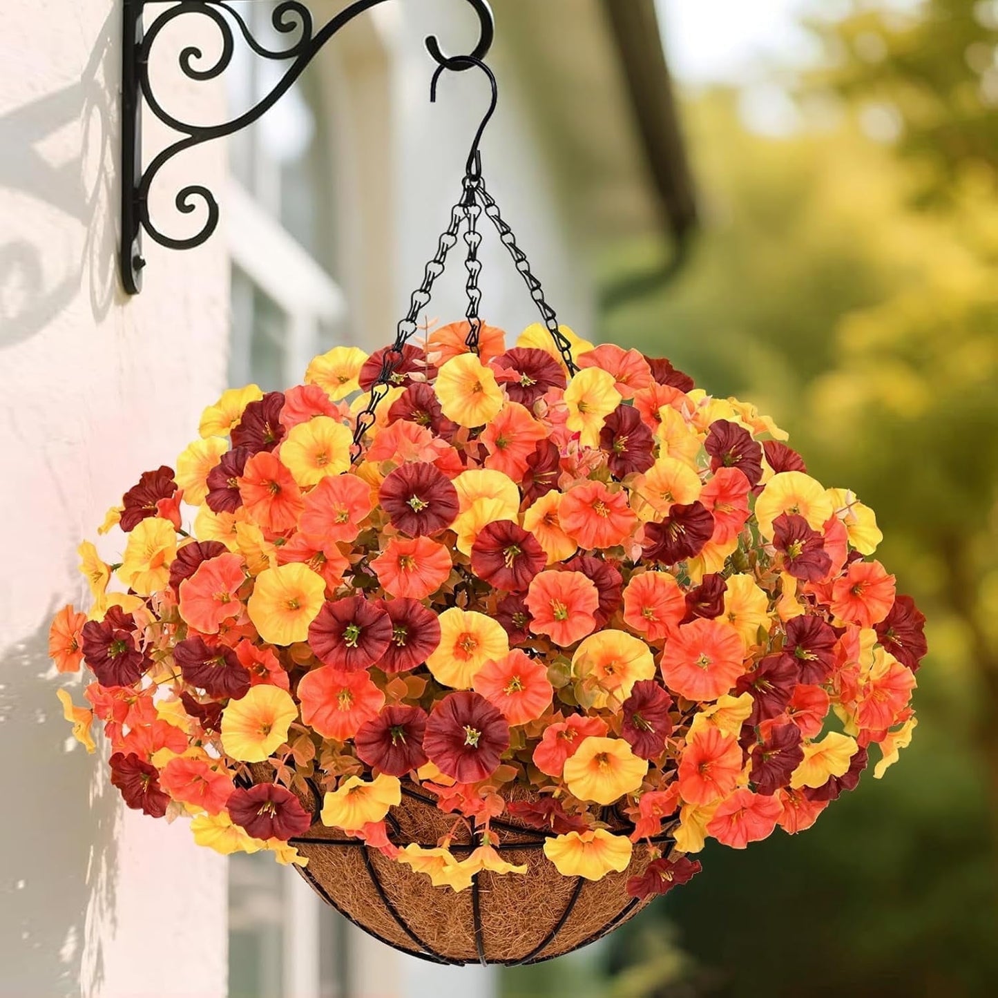 Lyacmy Fall Fake Hanging Flowers With Basket,12 Bundles Fake Artificial Flowers for Outdoors Fall Decorations for Home(Yellow,Orange)