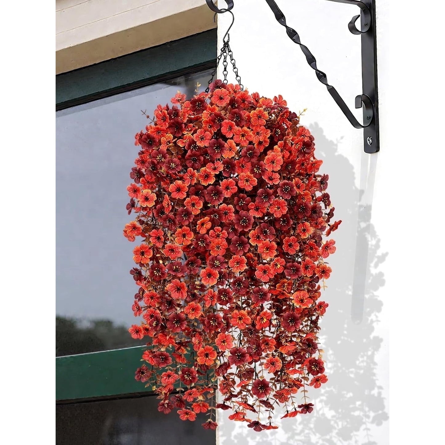Lyacmy Fall Artificial Hanging Flowers with Basket for Outdoor, Fake Mums Boxwood with Coconut Lining Chain Flowerpot