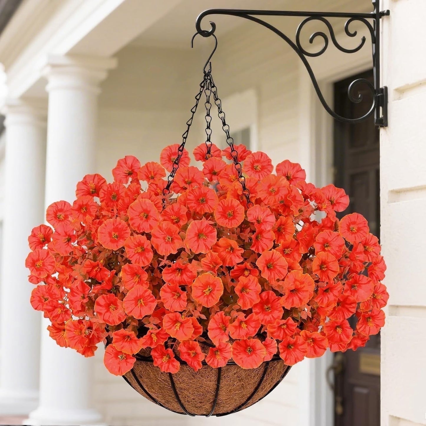 Lyacmy Fall Artificial Hanging Flowers with Basket for Outdoor, Fake Mums Boxwood with Coconut Lining Chain Flowerpot