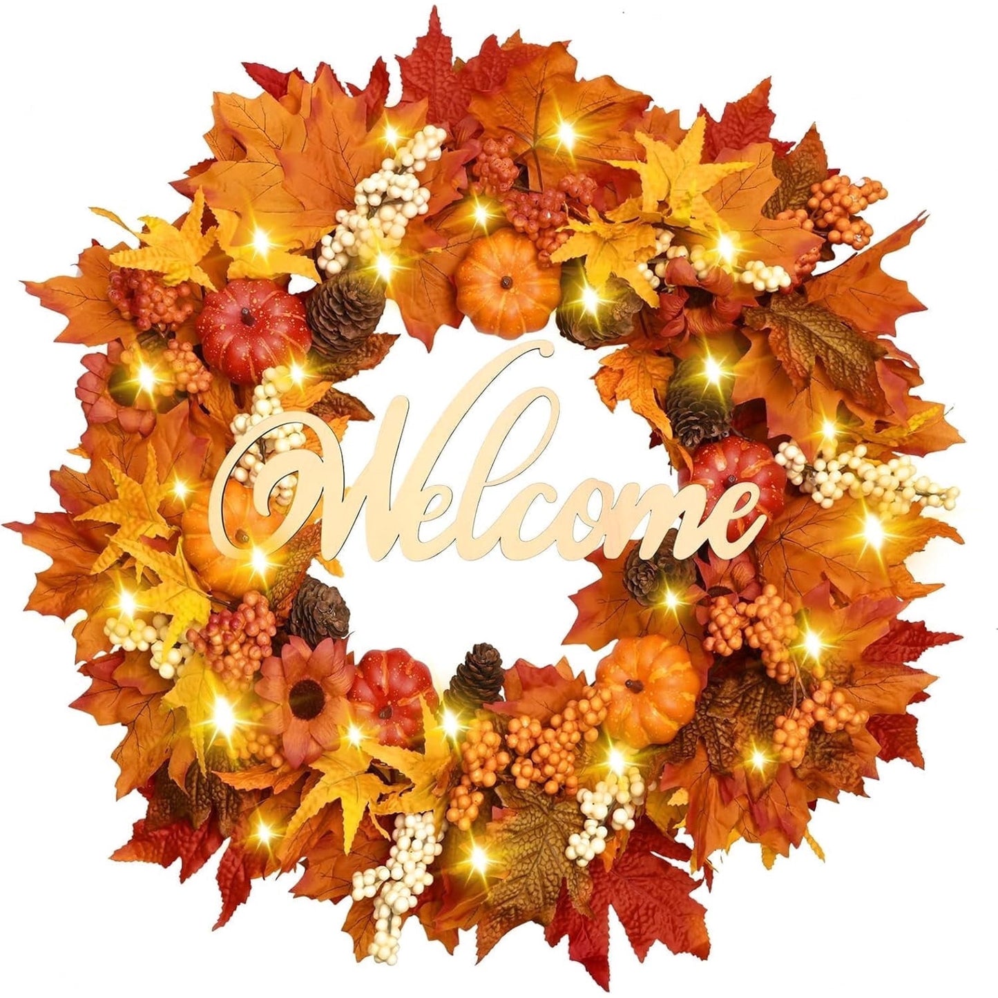 Lyacmy Fall Wreaths for Front Door, Autumn Pumpkins Maple Leaf Wreath with Pine Cones Wall Thanksgiving Fall Decorations