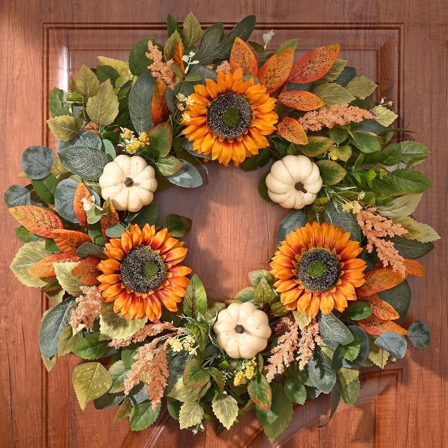 Lyacmy Fall Wreaths for Front Door, Autumn Pumpkins Maple Leaf Wreath with Pine Cones Wall Thanksgiving Fall Decorations