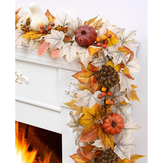 Lyacmy 6 FT White Pumpkins Fall Garland for Mantle Fall Decorations for Home, Maples Leaves Fall Garland for Fall Decor Outdoor Indoor