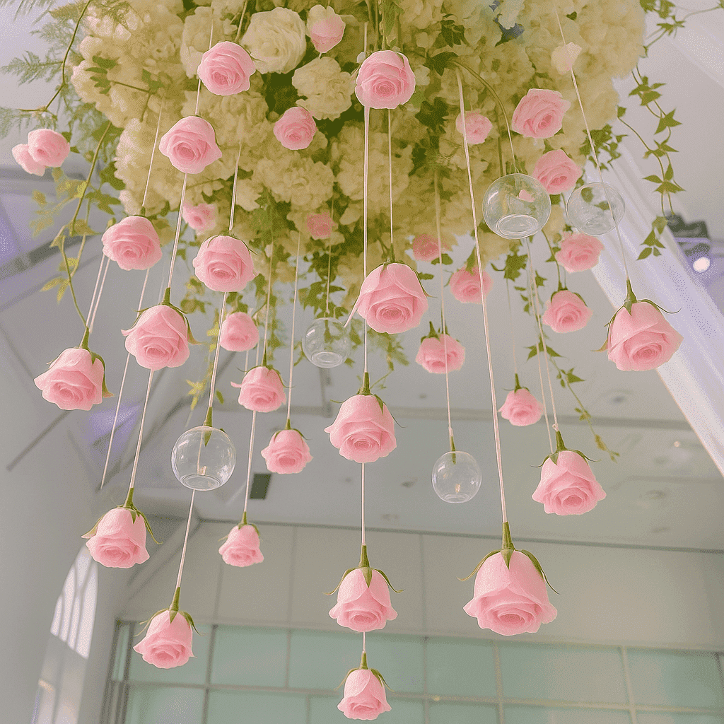 Lyacmy Valentine's Day Decor Artificial Rose Head Hanging Flower for Decorations Ceiling, Fake Pink Rose Flower with Fishing Line
