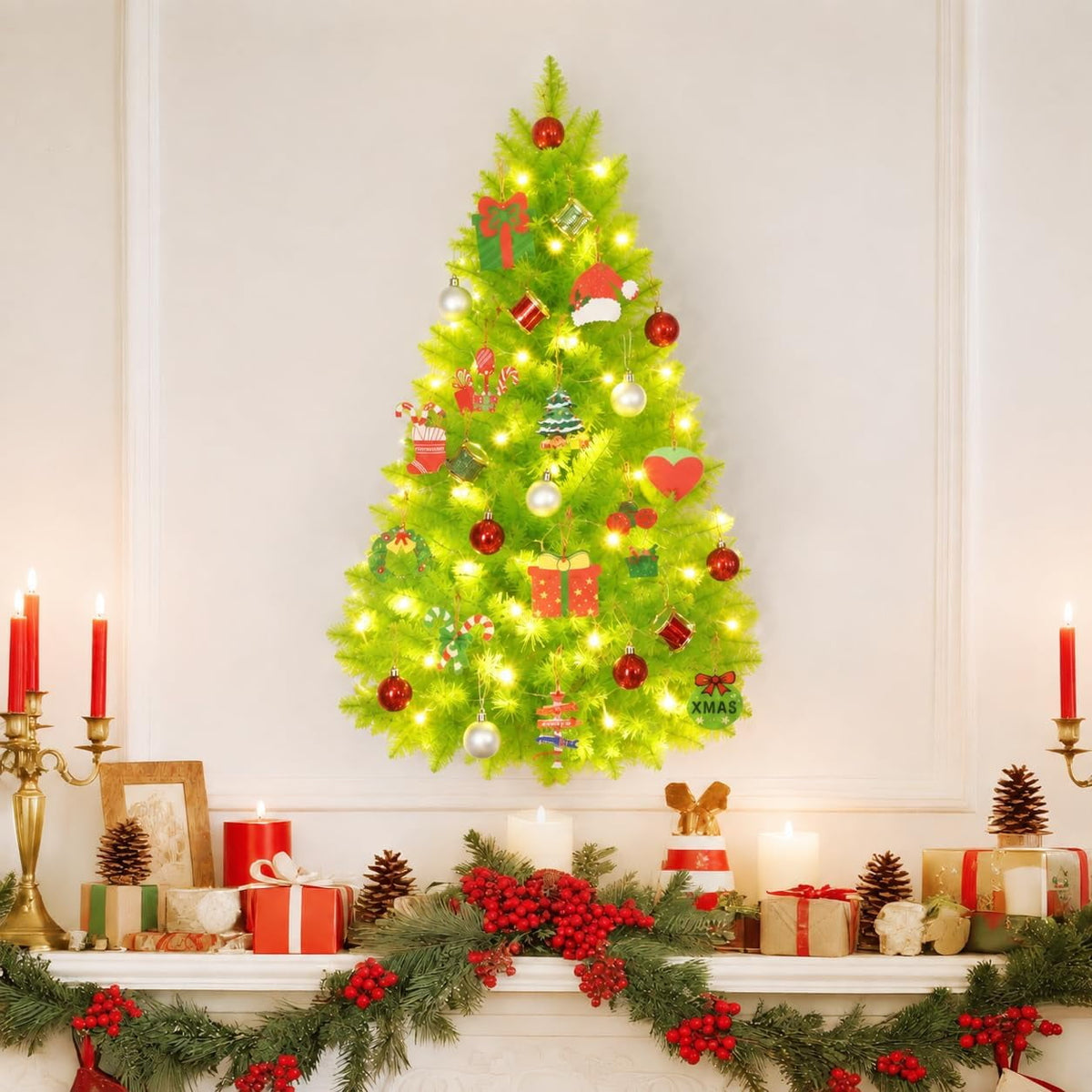 Lyacmy 3 FT Wall Christmas Tree with Lights, Half Chrismas Tree for Wall Xmas Indoor Home Christmas Decorations