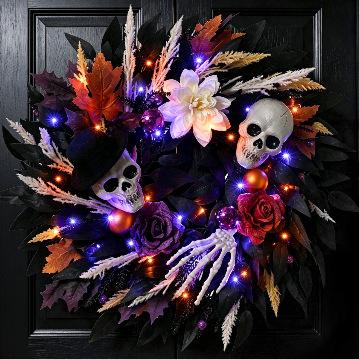 Lyacmy Halloween Wreath for Front Door Halloween Skeleton Decorations, Wreath with Skull Maple Leaves for Window Indoor Outside Home Party Decor