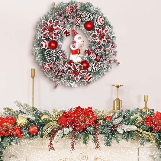 Lyacmy Lighted Christmas Wreath for Front Door,18 Inch Red Christmas Door Wreaths for Fireplace Wall and Door Decoration