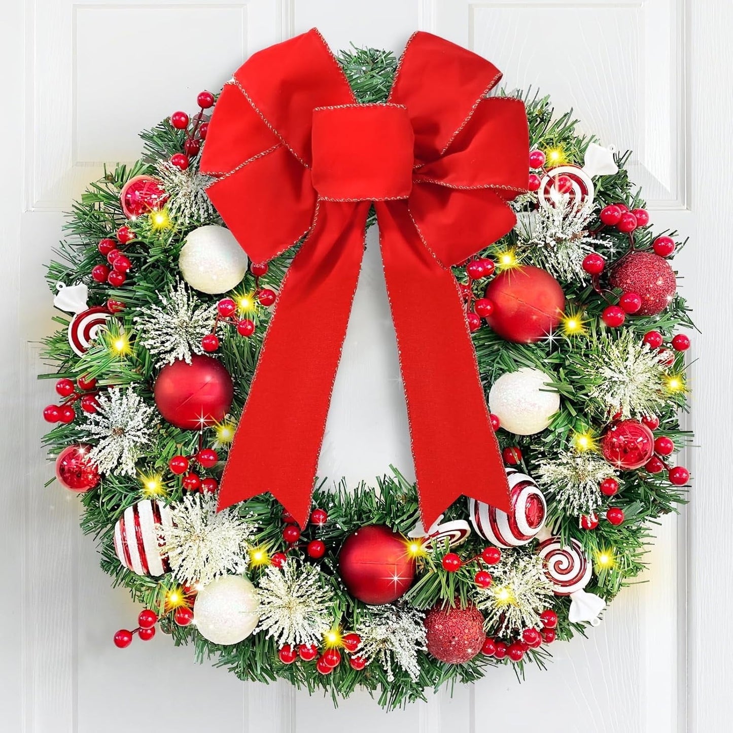 Lyacmy 24 Inch Pre-lit Christmas Wreaths for Front Door, Artificial Norfolk Pine Wreaths with Berry Indoor Outdoor Xmas Decorations