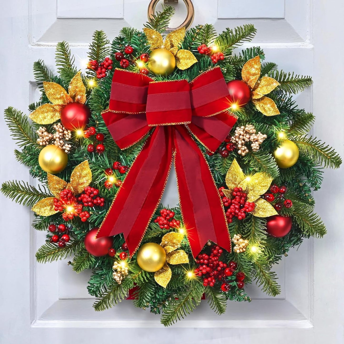 Lyacmy 24 Inch Pre-lit Christmas Wreaths for Front Door, Artificial Norfolk Pine Wreaths with Berry Indoor Outdoor Xmas Decorations