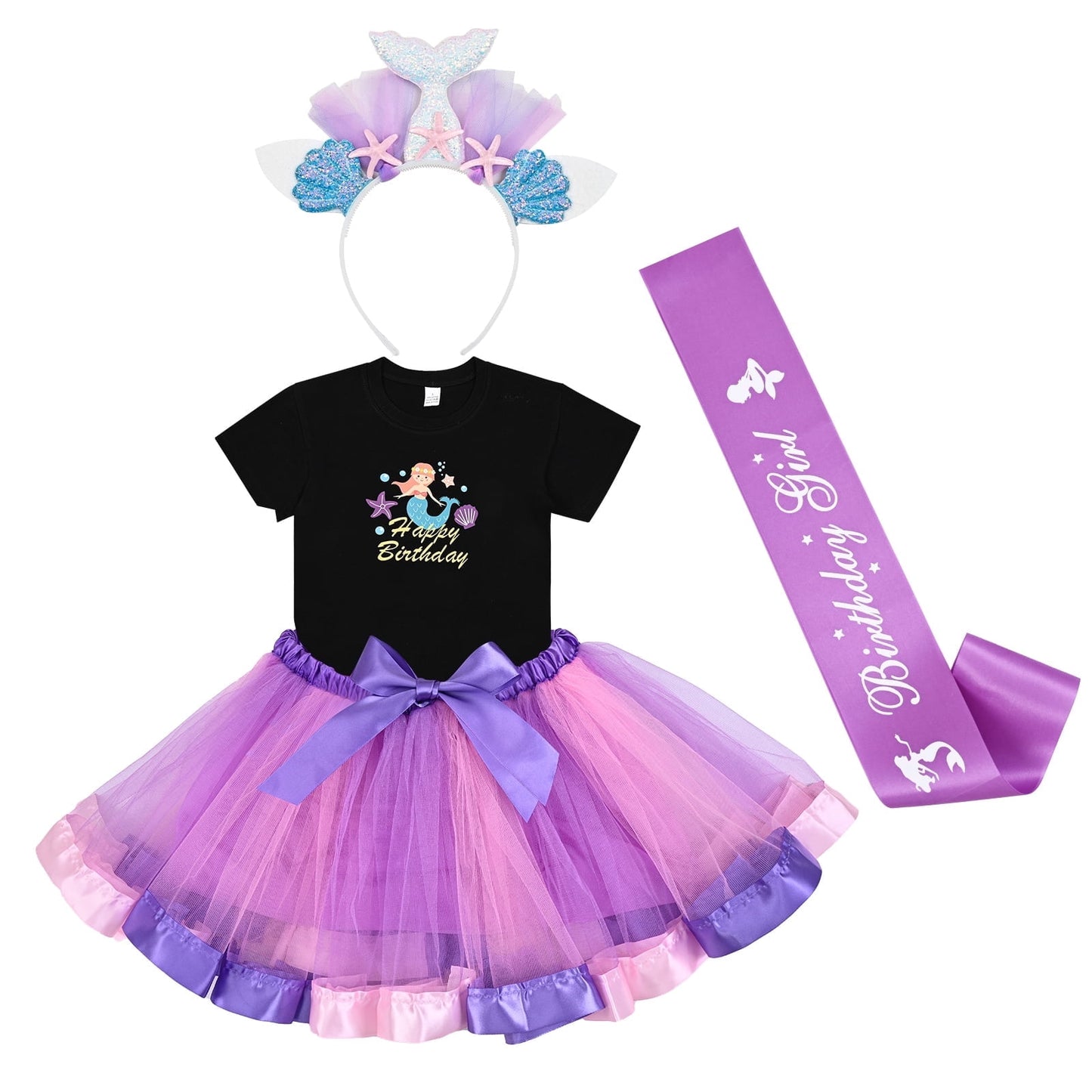 Lyacmy Toddler Mermaid Birthday Outfit for Girls - Shirt, Tutu Skirt Dress Party Costume, Birthday Girl Crown, Satin Sash, 4-6 Years, White