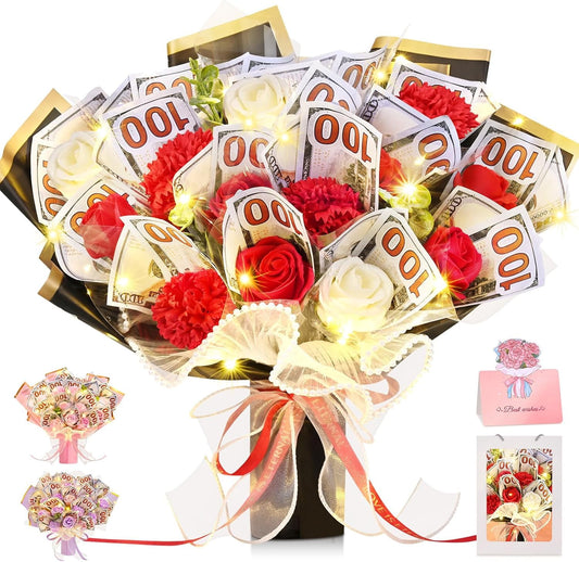 Lyacmy Money Flower Bouquet Artificial Flowers, Mother's Day Money Bouquet Kit for Cash Gift, Cash Nosegay Flowers for Graduation Birthday, Anniversary, New Year Red Rose Artificial Nosegay