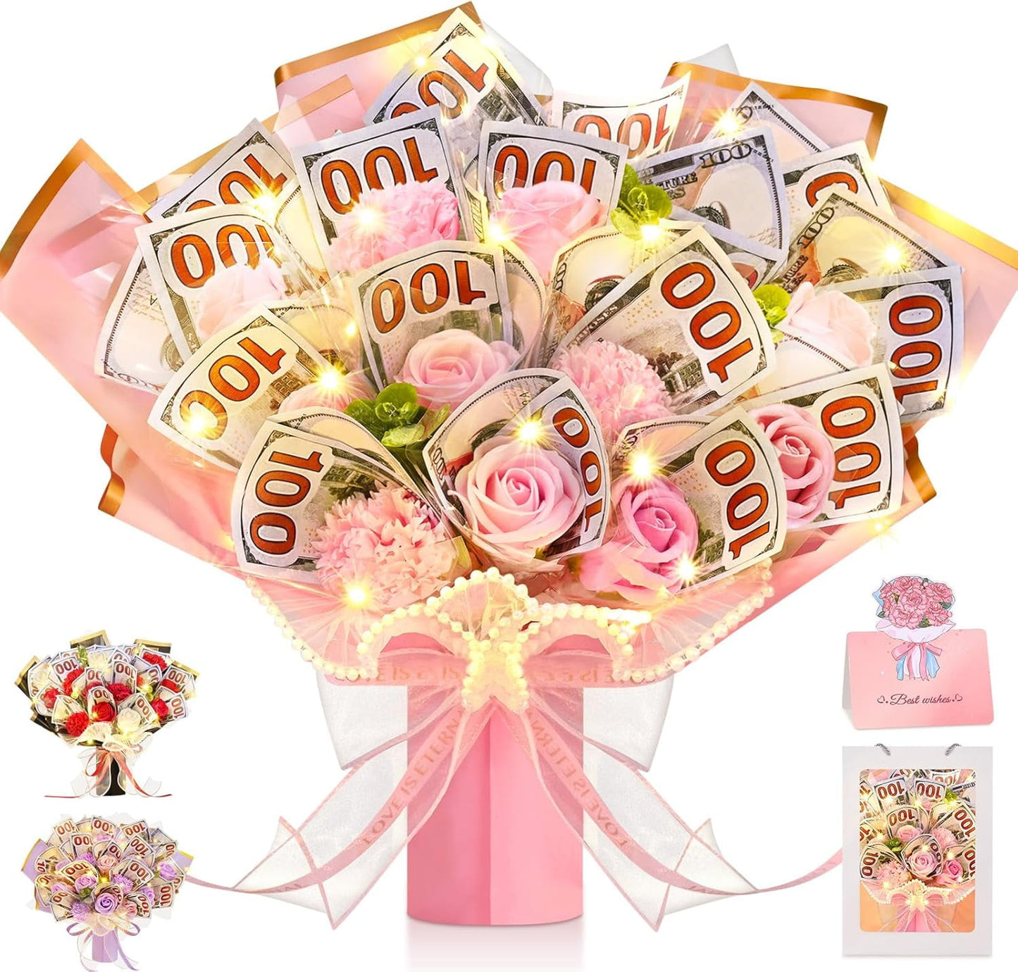 Lyacmy Money Flower Bouquet Artificial Flowers, Mother's Day Money Bouquet Kit for Cash Gift, Cash Nosegay Flowers for Graduation Birthday, Anniversary, New Year Red Rose Artificial Nosegay