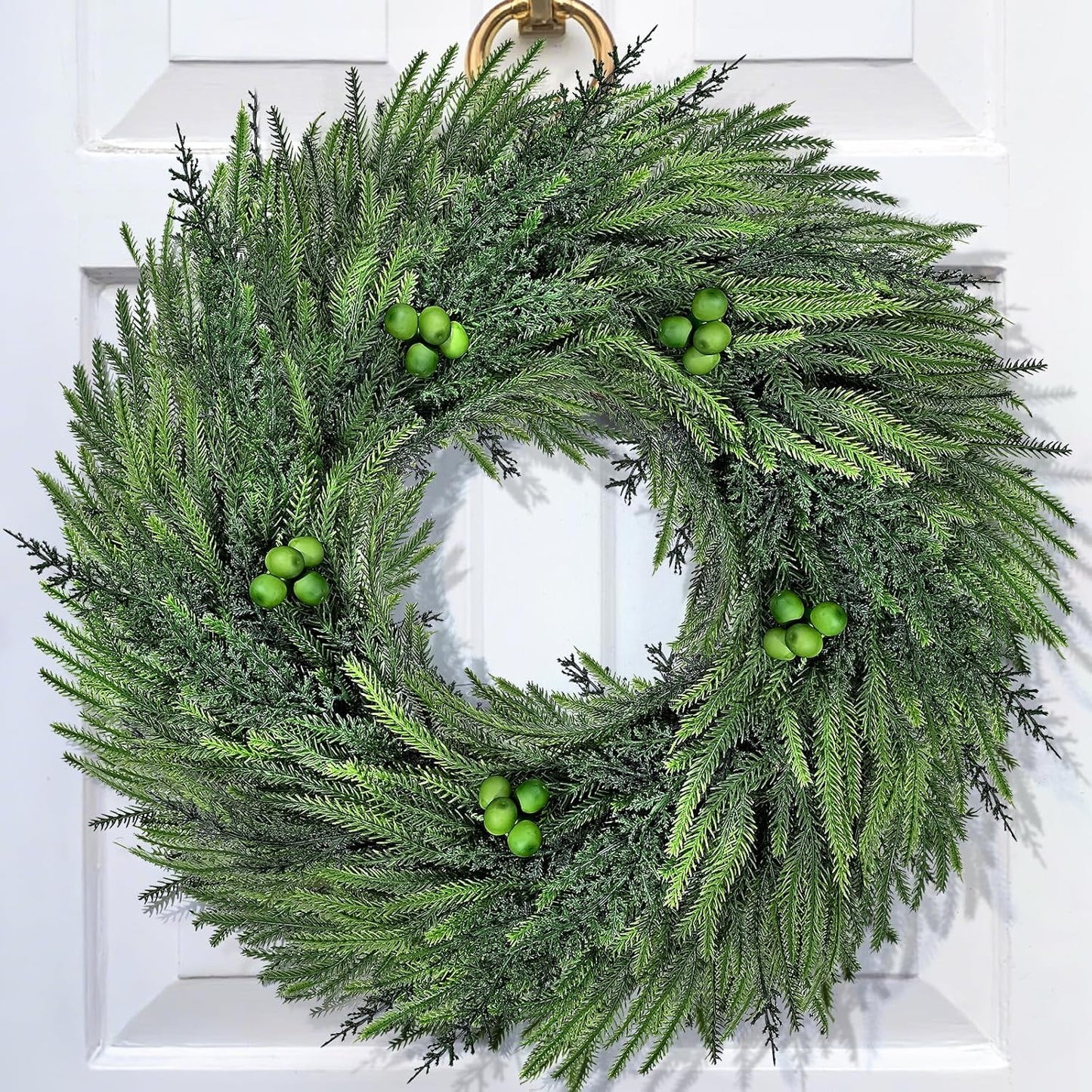 Lyacmy 24 Inch Pre-lit Christmas Wreaths for Front Door, Artificial Norfolk Pine Wreaths with Berry Indoor Outdoor Xmas Decorations