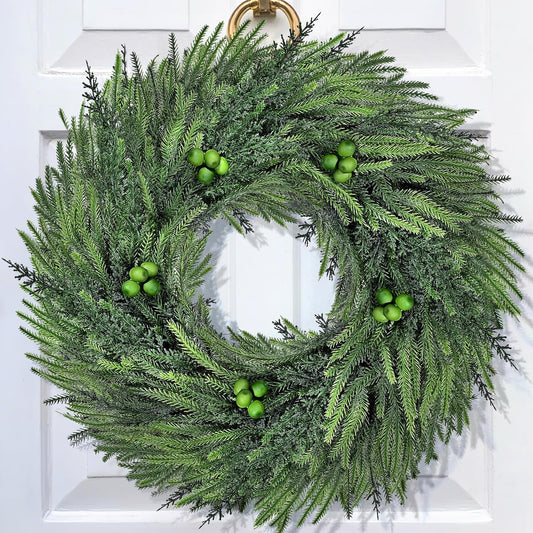 Lyacmy 24 Inch Pre-lit Christmas Wreaths for Front Door, Artificial Norfolk Pine Wreaths with Berry Indoor Outdoor Xmas Decorations