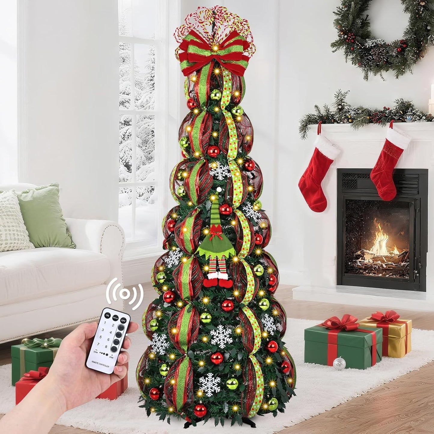 Lyacmy 6FT Pre-lit Pop Up Christmas Tree with Lights Christmas Decorations, Ribbon Artificial Xmas Tree with 8 Mode 180 Warm Lights