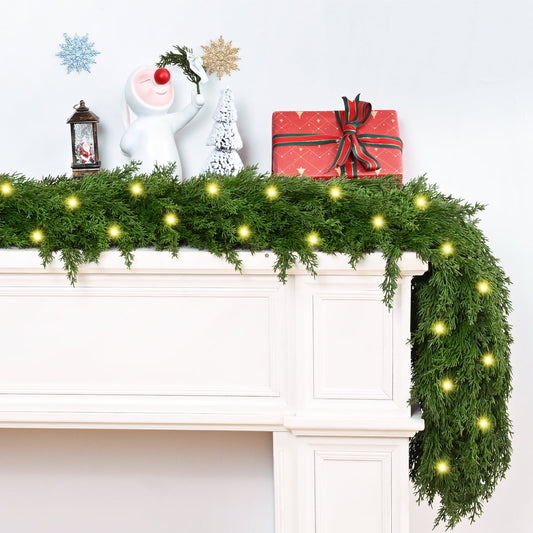 Lyacmy Pre-lit Cypress Christmas Garland Realistic Artificial Vinyl Cedar Pine Evergreen Garland, Winter Greenery Garland for Christmas Decorations Indoors Outdoors