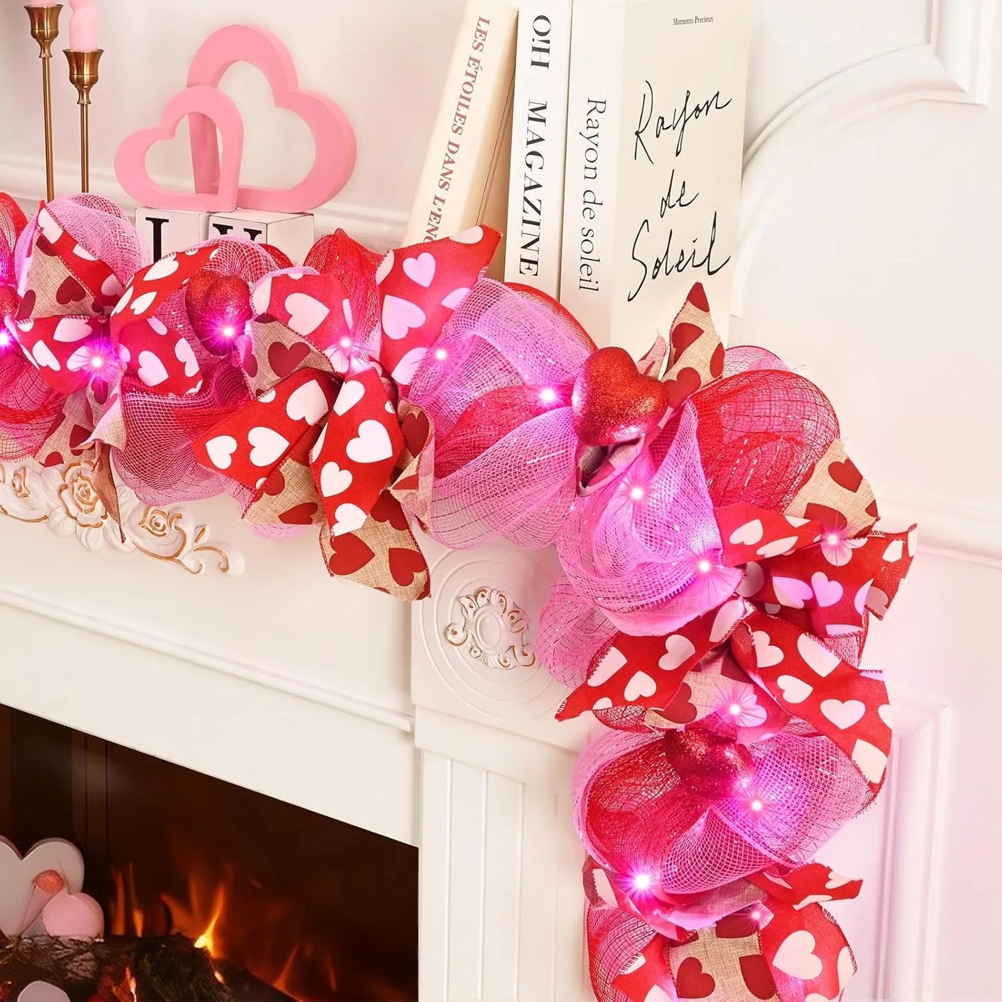 Lyacmy 6 FT Valentine's Day Garland with Lights, Pink and Red Heart Artificial Garlands for Valentines Mantel Fireplace Table Decor