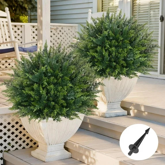 Lyacmy 2Ft 2 Pack Artificial Cedar Topiary Ball Tree with Spike, UV Resistant Fake Plant Shrubs Brush for Outdoor Front Porch Garden Decor