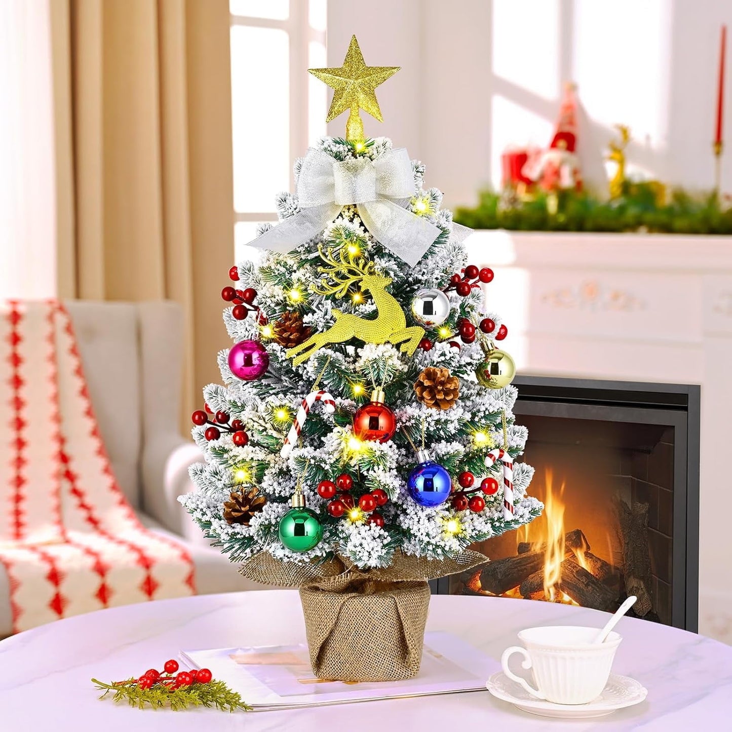 Lyacmy 2ft Pre-Lit Tabletop Christmas Tree Christmas Decorations, Red Artificial Christmas Tree with LED Lights for Indoor Outdoor Holiday Party Supplies