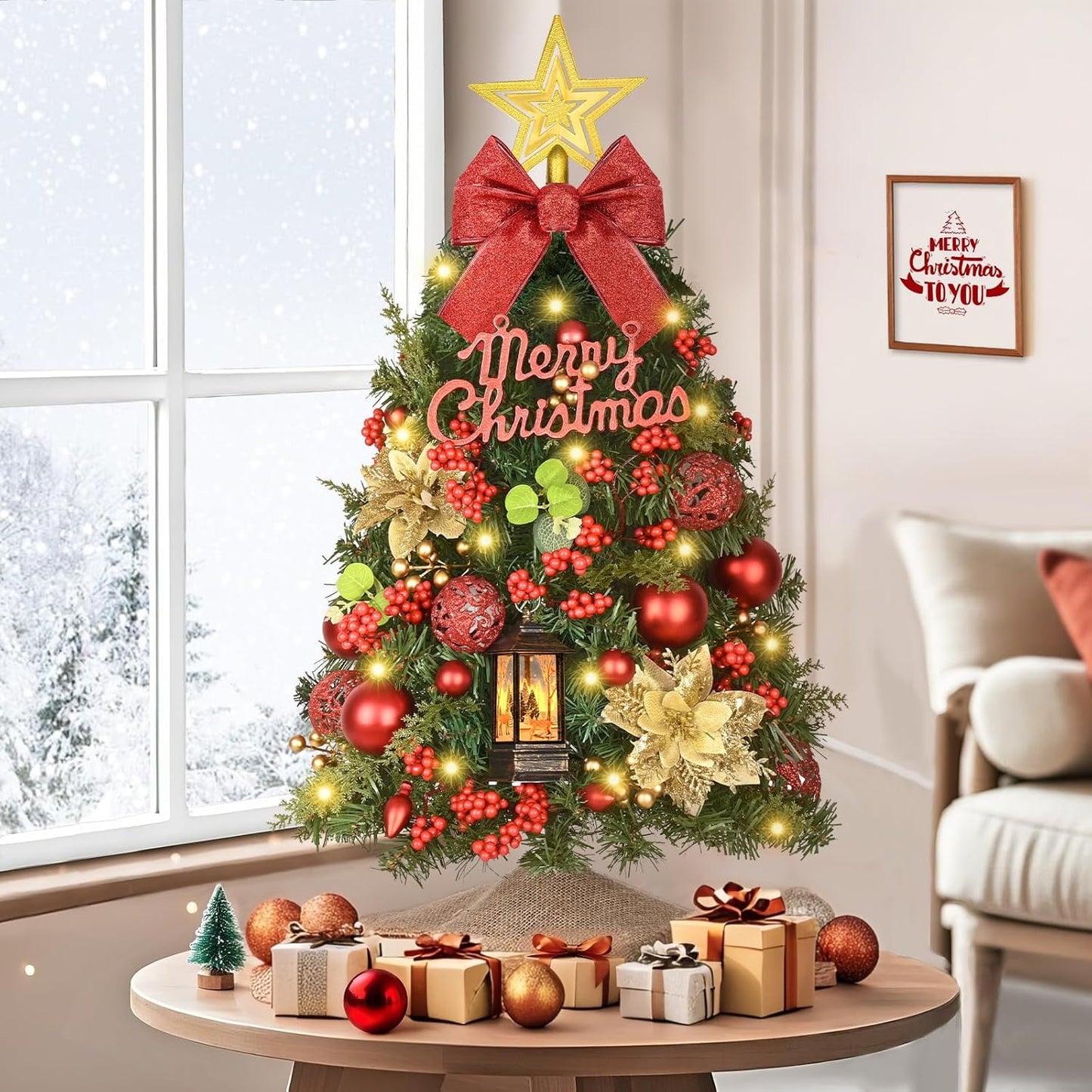 Lyacmy 2ft Pre-Lit Tabletop Christmas Tree Christmas Decorations, Red Artificial Christmas Tree with LED Lights for Indoor Outdoor Holiday Party Supplies