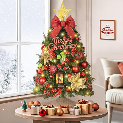 Lyacmy 2ft Pre-Lit Tabletop Christmas Tree Christmas Decorations, Red Artificial Christmas Tree with LED Lights for Indoor Outdoor Holiday Party Supplies