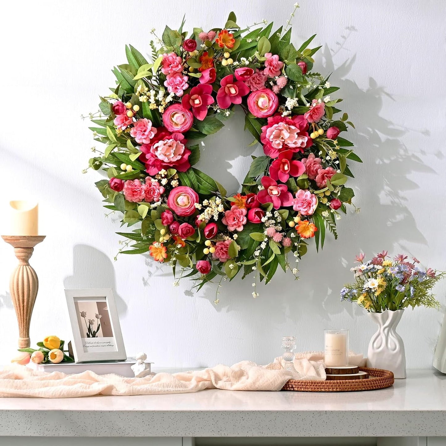 Lyacmy 26 Inch Wreaths for Front Door, Spring Summer Door Wreath Rose Magnolia Flower Wreath for Farmhouse Porch Window Decor