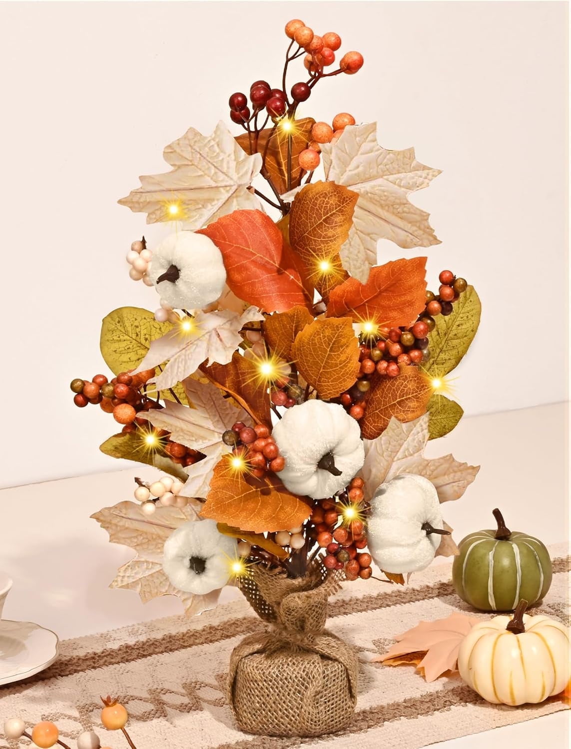 Lyacmy Fall Decorations for Home, 18 Inch Artificial Pumpkin Maple Leaf Tree with Lights for Thanksgiving Home Indoor Tabletop Decor (2 Pcs)