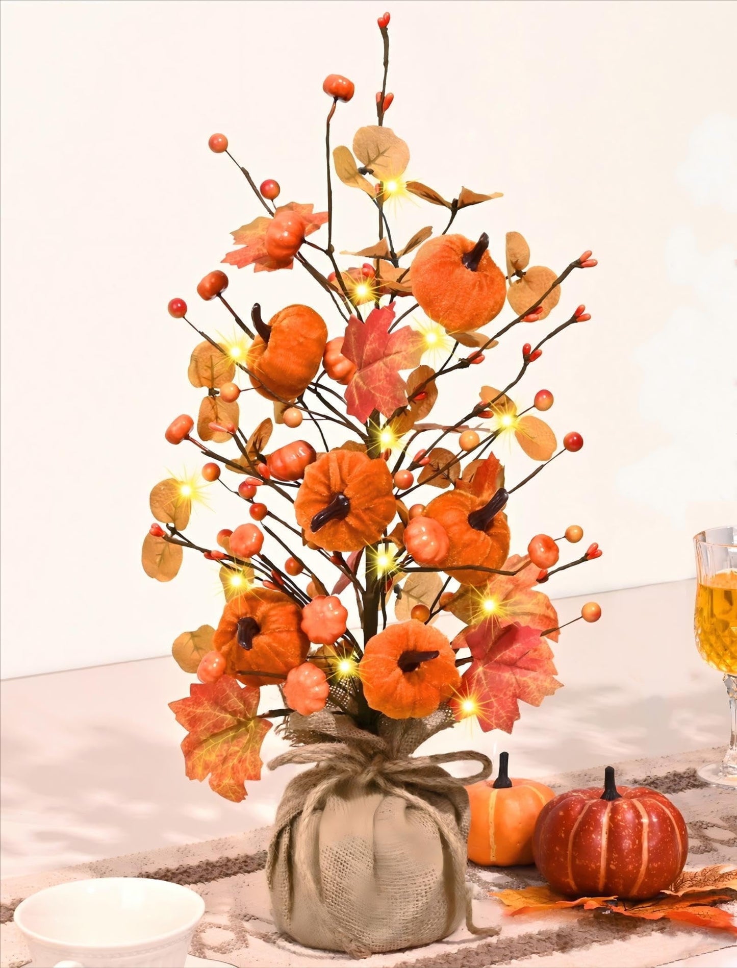 Lyacmy Fall Decorations for Home, 18 Inch Artificial Pumpkin Maple Leaf Tree with Lights for Thanksgiving Home Indoor Tabletop Decor (2 Pcs)