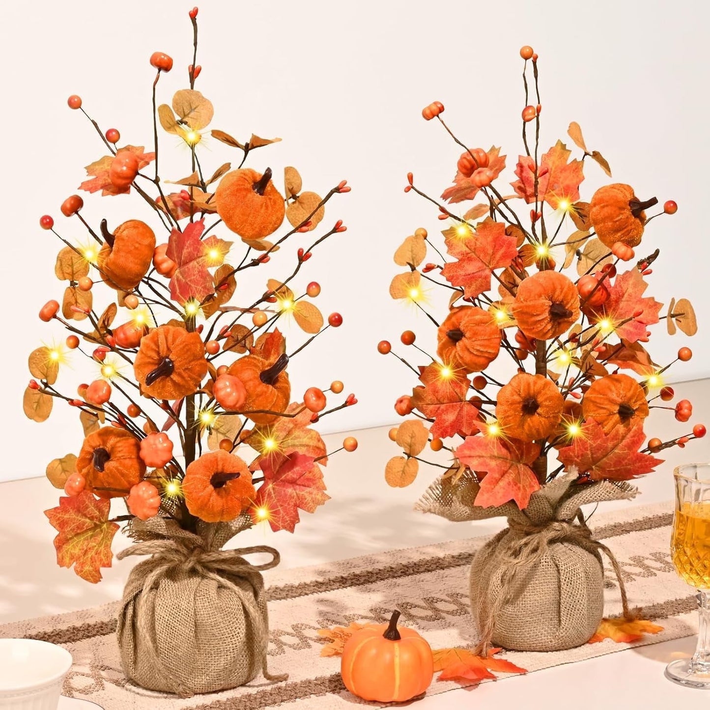 Lyacmy Fall Decorations for Home, 18 Inch Artificial Pumpkin Maple Leaf Tree with Lights for Thanksgiving Home Indoor Tabletop Decor (2 Pcs)