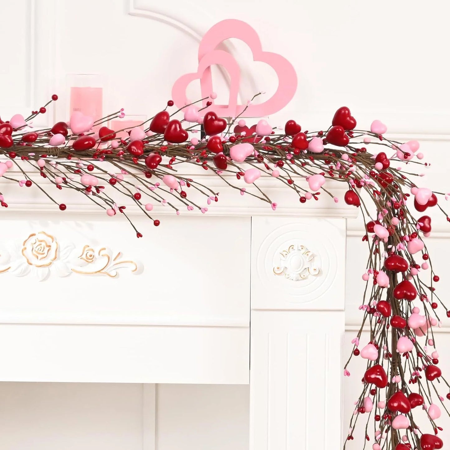 Lyacmy 6 FT Valentine's Day Garland for Mantel, Red Pink Heart Berried Artificial Garland Valentines Day for Fireplace Table Decor